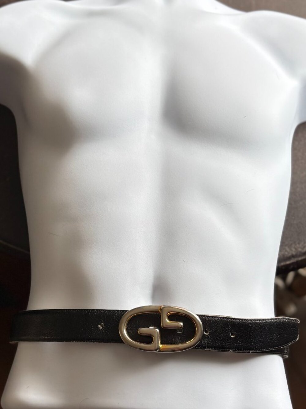 Vintage Gucci Black Water Buffalo Leather Belt Gold & Silver GG Buckle Size 36